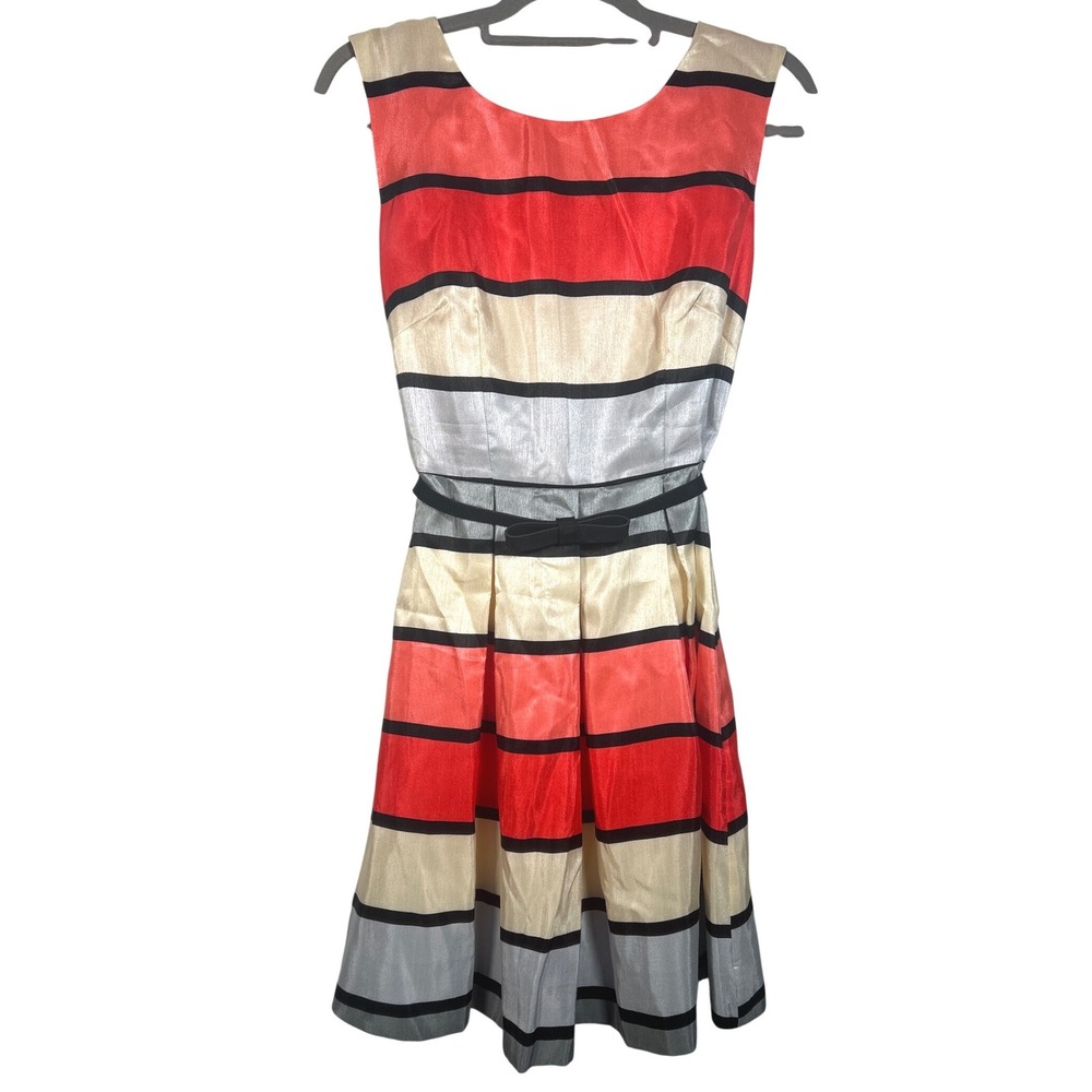 Danny & Nicole Womens Striped Satin Fit Flare Dress Coral Silver Black Sz 10